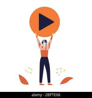 Girl stands and holds play button above her head. Flat vector illustration isolated on white background. Design element for video and music Stock Vector
