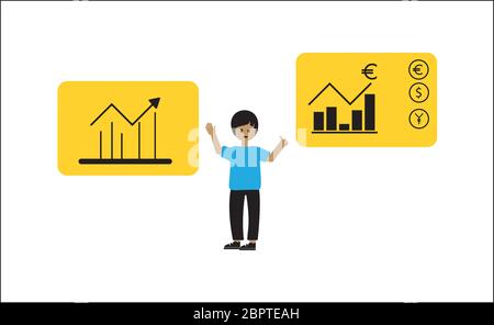 The guy points to a computer display with various diagrams, graphs. The concept of analysis of statistical data, financial statistics and analytics. M Stock Vector
