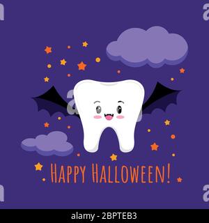 Cute tooth in vampire bat costume on Happy Halloween dentist greeting card. Kawaii tooth emoji character with clouds and stars on dark night backgroun Stock Vector