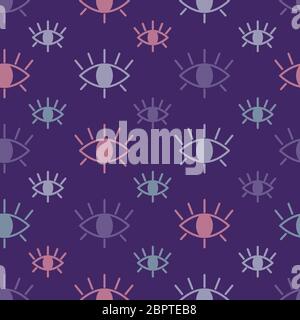 Seamless pattern with open eyes different color on a purple background. Colorful print, suitable as wrapping paper or fabric. Cartoon vector illustrat Stock Vector