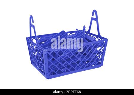 Pile of color plastic cloth clamps inside basket isolated on white Stock Photo