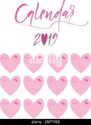 Calendar design for 2019. Simple background, pink design. The week starts on Monday. Set of 12 months Stock Vector