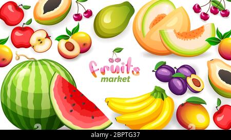 Banner with different tropical fruits isolated on white background, vector illustration in flat style Stock Vector