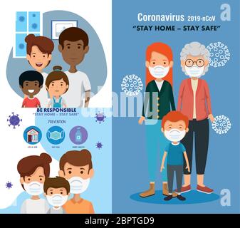 set scenes of stay at home campaign with families Stock Vector