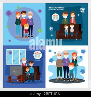 set scenes of stay at home campaign with families Stock Vector