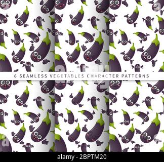 Set of vector seamless pattern with cute cartoon eggplant vegetables characters isolated on white background Stock Vector