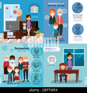 set scenes of stay at home campaign with families Stock Vector