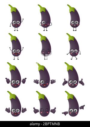 Set of cute cartoon eggplant vegetables vector character set isolated on white background Stock Vector