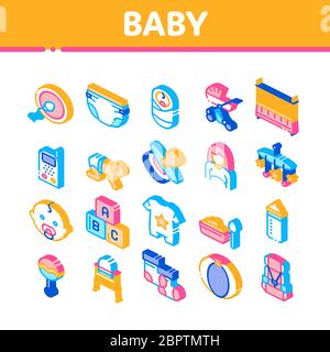 Baby Clothes And Tools Isometric Icons Set Vector Stock Vector