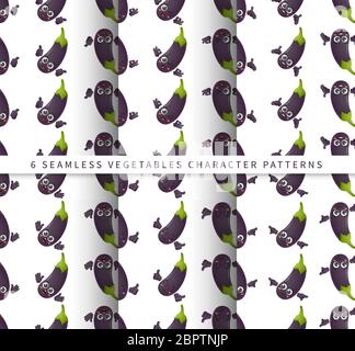 Set of vector seamless pattern with cute cartoon eggplant vegetables characters isolated on white background Stock Vector