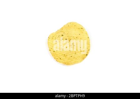 yellow crispy ridged potato chips on white background. Stock Photo