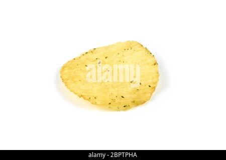 yellow crispy ridged potato chips on white background. Stock Photo