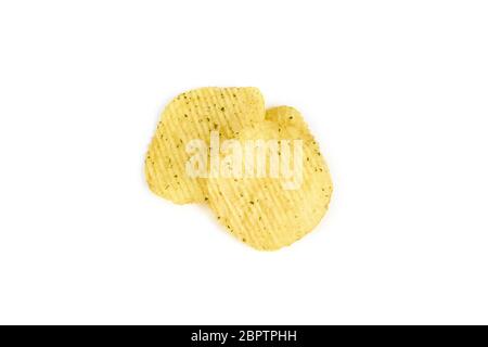 yellow crispy ridged potato chips on white background. Stock Photo