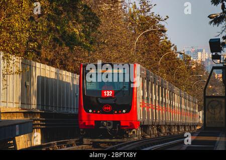 SANTIAGO, CHILE - APRIL 2019: A Santiago Metro train at Line 2 Stock Photo