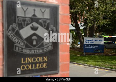 Signage for Lincoln University, an agricultural university in Canterbury, South Island, New Zealand Stock Photo