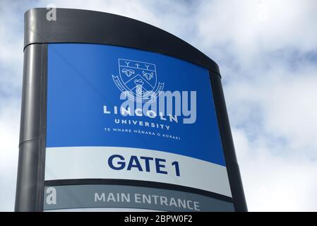 Signage for Lincoln University, an agricultural university in Canterbury, South Island, New Zealand Stock Photo