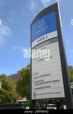 Signage for Lincoln University, an agricultural university in Canterbury, South Island, New Zealand Stock Photo