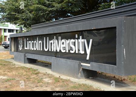 Signage for Lincoln University, an agricultural university in Canterbury, South Island, New Zealand Stock Photo