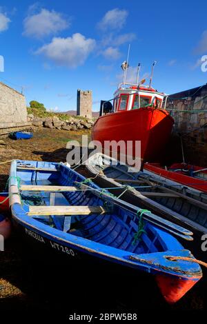 Fishing boats at Kildownet Pier,Achill Island,County Mayo,Connaught,Ireland,Europe Stock Photo