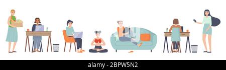 leisure activities character set. Sitting on sofa,couch with laptop, reading, learning, working at home, meditation. Home, indoor hobby and lifestyle Stock Vector