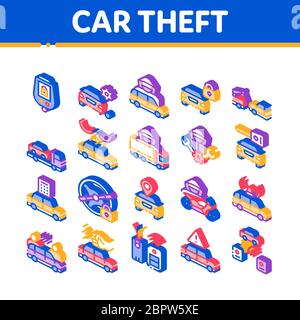 Car Theft Isometric Elements Icons Set Vector Stock Vector