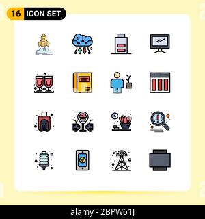 Mobile Interface Flat Color Filled Line Set of 16 Pictograms of imac, monitor, online backup, computer, low Editable Creative Vector Design Elements Stock Vector