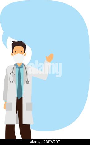 Open arm young doctor with giant speech bubble against white isolated background. Flat cartoon character vector illustration. Stock Vector