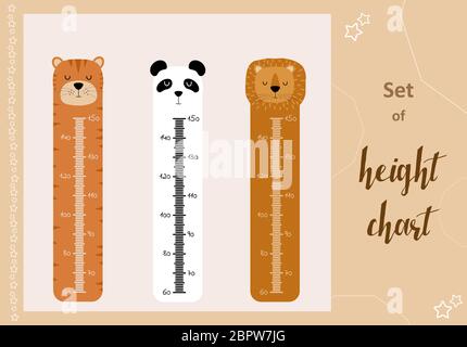 Kids space height chart. Cute wall meter with funny animals. Vector template. Cartoon zoo. Design of children's products in scandinavian style. Stock Vector