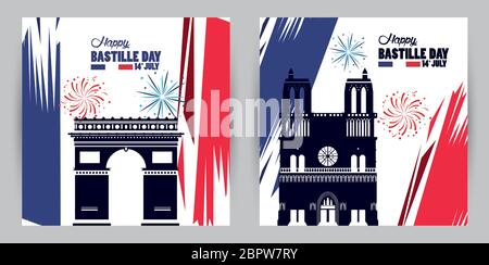 happy bastille day celebration with Notre Dame Cathedra and arch of triumph Stock Vector