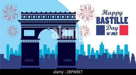 happy bastille day celebration with arch of triumph Stock Vector