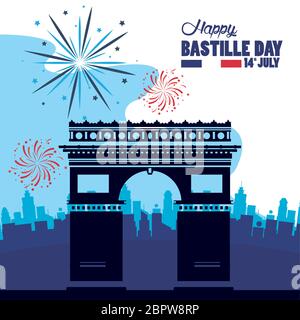 happy bastille day celebration with arch of triumph Stock Vector