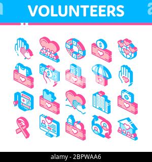 Volunteers Support Vector Isometric Icons Set Stock Vector