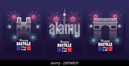 happy bastille day celebration with flags and monuments Stock Vector