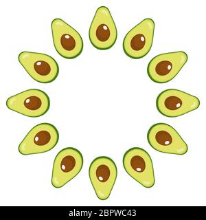 Wreath from half avocado with space for text. Cartoon organic sweet food. Summer fruits for healthy lifestyle. Vector illustration for any design. Stock Vector