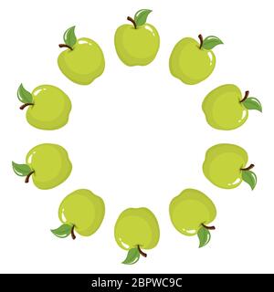 Wreath from green apple fruits with space for text. Cartoon organic sweet food. Summer fruits for healthy lifestyle. Vector illustration for any desig Stock Vector