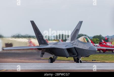 F-22a Raptor of the US Air Force taxis out onto the runway at RAF Fairford in July 2017. Stock Photo