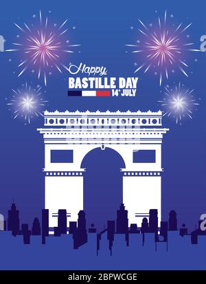 happy bastille day celebration with arch of triumph Stock Vector