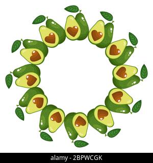 Wreath from whole and half avocado heart with space for text. Cartoon organic sweet food. Summer fruits for healthy lifestyle. Vector illustration for Stock Vector