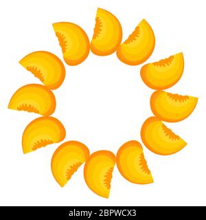 Wreath from bright peach fruit with space for text. Cartoon organic sweet food. Summer fruits for healthy lifestyle. Vector illustration for any desig Stock Vector