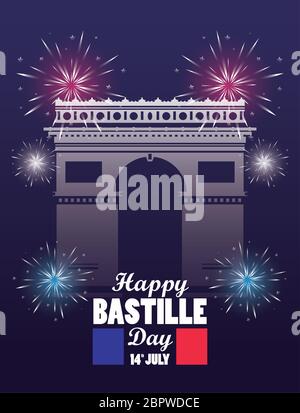 happy bastille day celebration with arch of triumph Stock Vector