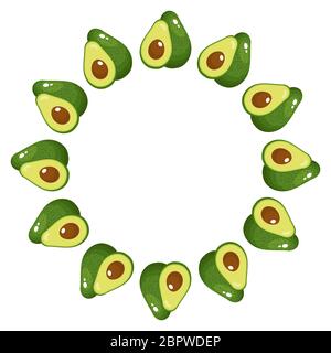 Wreath from whole and half avocado with space for text. Cartoon organic sweet food. Summer fruits for healthy lifestyle. Vector illustration for any d Stock Vector