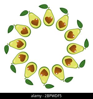 Wreath from half avocado heart with space for text. Cartoon organic sweet food. Summer fruits for healthy lifestyle. Vector illustration for any desig Stock Vector