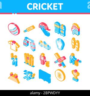 Cricket Game Isometric Elements Icons Set Vector Stock Vector
