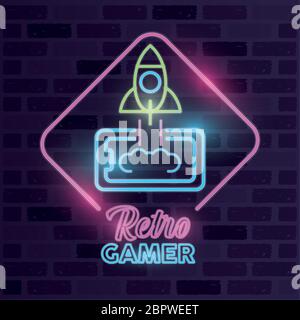 retro video game neon with rocket and control Stock Vector Image & Art ...