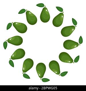 Wreath from green whole avocado with space for text. Cartoon organic sweet food. Summer fruits for healthy lifestyle. Vector illustration for any desi Stock Vector