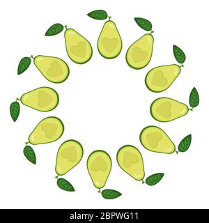 Wreath from half avocado heart with space for text. Cartoon organic sweet food. Summer fruits for healthy lifestyle. Vector illustration for any desig Stock Vector