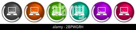 Computer icon set, silver metallic chrome border vector web buttons in 6 colors options for webdesign Stock Vector