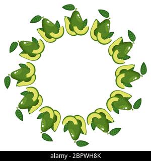Wreath from whole and half avocado with space for text. Cartoon organic sweet food. Summer fruits for healthy lifestyle. Vector illustration for any d Stock Vector
