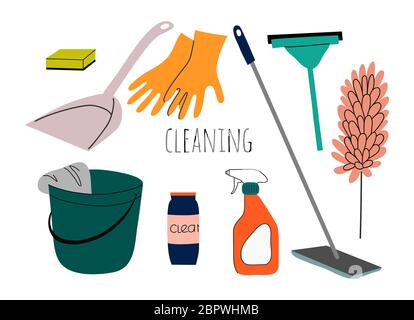 Cleaning service flat illustration. Set of Isolated objects for house cleaning services with various equipment and cleaning tools. Stock Vector