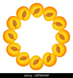 Wreath from bright peach fruit with space for text. Cartoon organic sweet food. Summer fruits for healthy lifestyle. Vector illustration for any desig Stock Vector